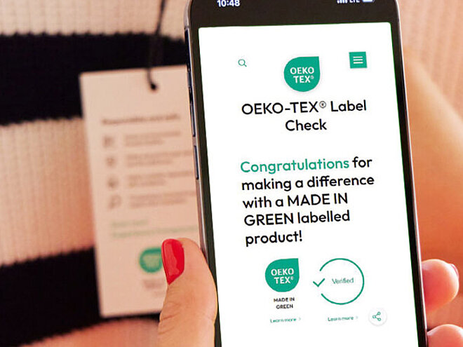 Result page showing the validity of a MADE IN GREEN certified jumper in the Label Check