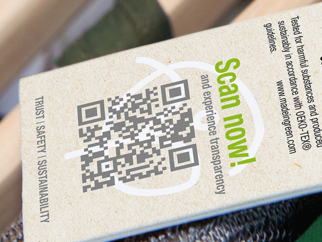 OEKO-TEX MADE IN GREEN hangtag with QR code in English